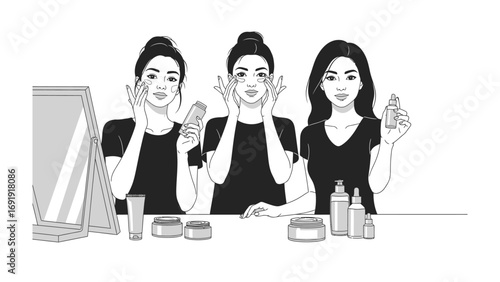 Three young women applying skincare products to their faces in a beauty routine showcasing different steps and products for healthy glowing skin