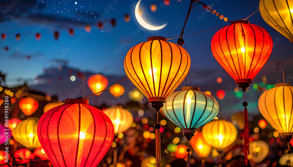 Obraz premium Colorful lanterns design glowing at night with a crescent moon in the sky, a vibrant festival