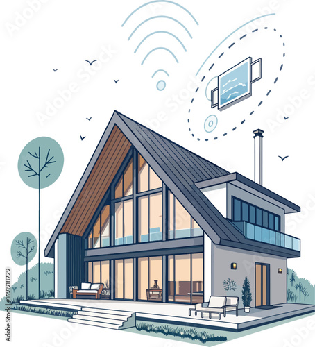futuristic smart home outline with angular roof.
