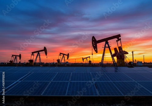 sunset in the port, Oil pump jacks, solar panels under vibrant sunset sky. Reflecting sun, clouds on photovoltaic panels, representing energy industry transition. Fusion of fossil fuels extraction, re