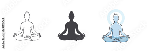 Vector art of three stylized depictions of a person meditating in a lotus pose, isolated on a, showing a dotted outline, a solid silhouette, and a glowing blue figure