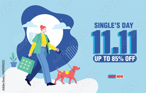 Woman walks her dog with shopping bag for Single's Day sale promotion.