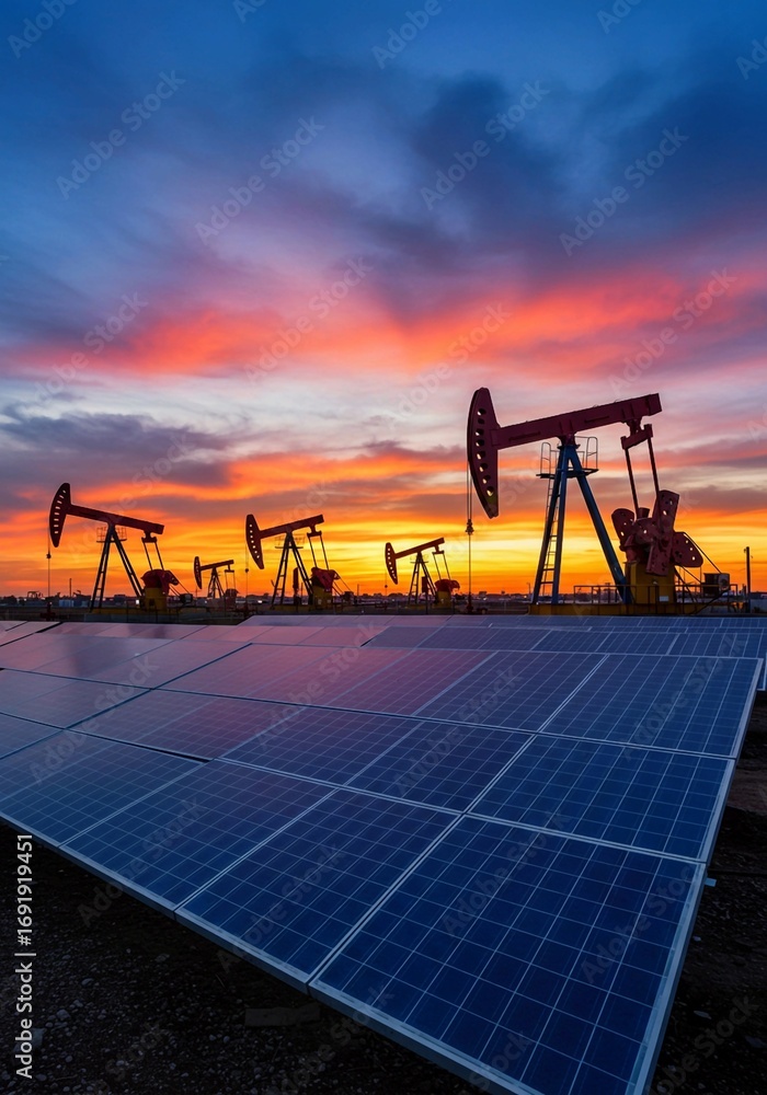 Fototapeta premium solar power station, Oil pump jacks, solar panels under vibrant sunset sky. Reflecting sun, clouds on photovoltaic panels, representing energy industry transition. Fusion of fossil fuels extraction, r