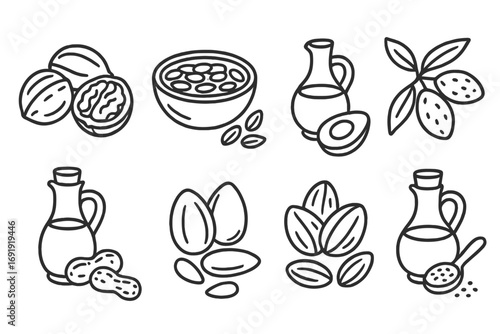 Linear healthy food icons set featuring nuts, seeds, oils, avocado, peanut, almond, walnut, sesame, natural ingredients, organic, vegetarian diet, superfoods, vector illustration
