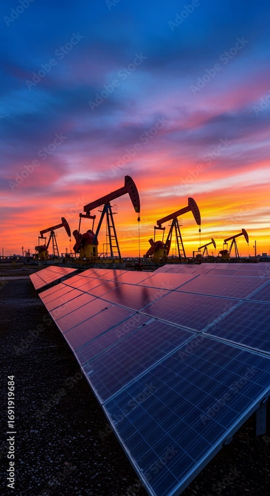 Fototapeta premium solar power station, Oil pump jacks, solar panels under vibrant sunset sky. Reflecting sun, clouds on photovoltaic panels, representing energy industry transition. Fusion of fossil fuels extraction, r