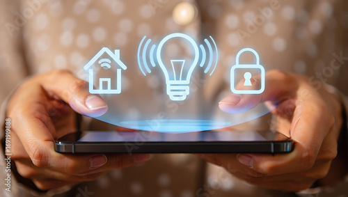 Smart home technology concepts with mobile phone interface displaying connected devices for modern living and digital security solutions