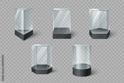 Empty glass display cases with museum box designs - transparent showcases with black bases, rectangular and cylindrical shapes for exhibitions. Professional presentation containers for galleries.