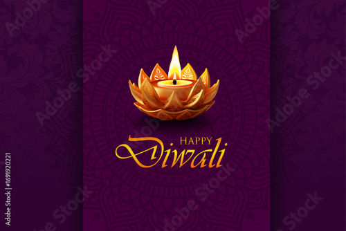 Diwali Festival of Light 2025 template background and poster with glowing golden diya lamp on elegant purple rangoli background. Abstract illustration design