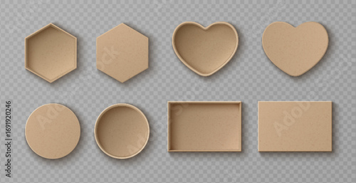 Realistic cardboard box mockup set with top view - hexagonal, heart, circular and rectangular kraft containers on transparent background. Empty packaging templates for product presentations.
