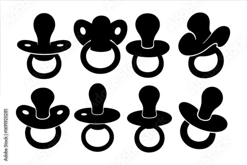 Silhouette baby pacifiers set with various designs, vector cartoon illustration, black nipple, ring handle, different shapes and styles, transparent background, ordered collection for newborns