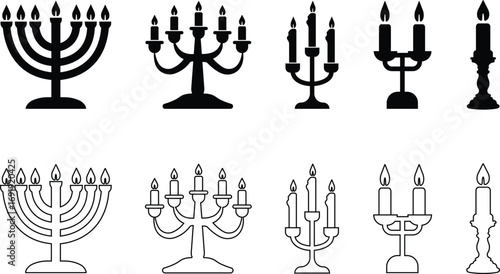 Candle with Stand Icon Set Black Flat and Line Style Lighting Symbol Collection Group of Candlestick, Menorah, Lamp, Flame, Waxlight, Torch, Lantern, Illumination Vector