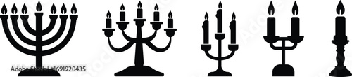 Candle with Stand Icon Set Black Flat Style Lighting Symbol Collection Group of Candlestick, Menorah, Lamp, Flame, Waxlight, Torch, Lantern, Illumination Vector