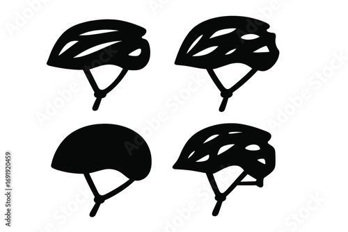 Silhouette bicycle helmets set, vector cartoon illustration on white background, protective gear for cycling safety, transparent background, ordered collection of helmet silhouettes