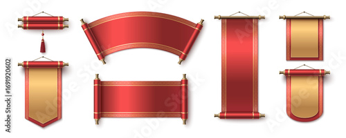 Chinese scroll paper set with red silk banners, golden trim and tassel decorations for Lunar New Year designs. Traditional parchment with brass rods and curved edges. Oriental hanging festive scrolls