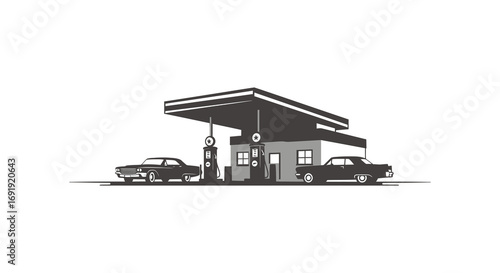 a retro gas station with two vintage cars parked