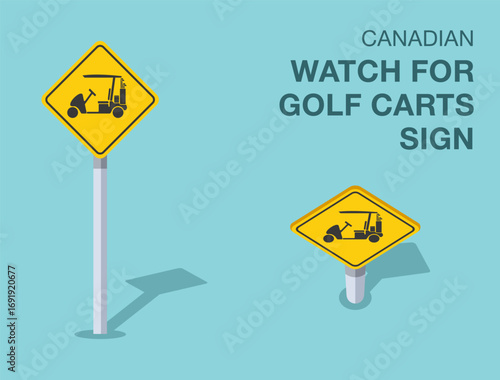 Traffic regulation rules. Isolated canadian "watch for golf carts" road sign. Front and top view. Flat vector illustration template.