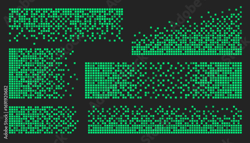 Green cube pixel pattern textures with matrix dispersion, digital decay and data fragmentation for cyberpunk designs. Neon grid dissolution effects with scattered blocks. Terminal screen aesthetics