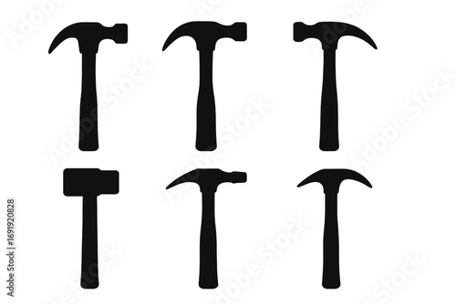 Silhouette hammer set vector black icons, construction and carpentry tool collection, claw and sledgehammer shapes, woodworking equipment, repair and building concept, transparent background