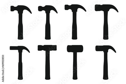 Silhouette hammer set black tool icons for construction and carpentry design, vector cartoon illustration with transparent background, ordered variety of hammer types, repair and woodworking equipment