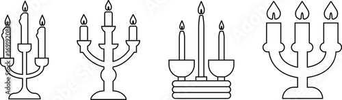 Candle with Stand Icon Set Black Line Style Lighting Symbol Collection Group of Candlestick, Menorah, Lamp, Flame, Waxlight, Torch, Lantern, Illumination Vector