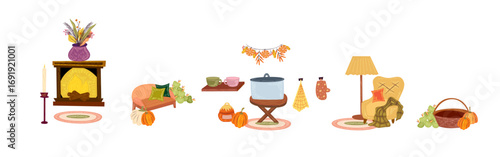Cozy autumn interior. Hygge cozy furniture for thanksgiving design. Cottagecore autumn design