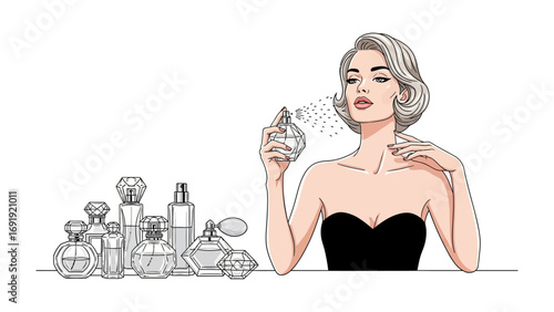 Elegant woman with vintage hairstyle spraying perfume from a bottle surrounded by a collection of classic perfume bottles illustrating beauty and fragrance
