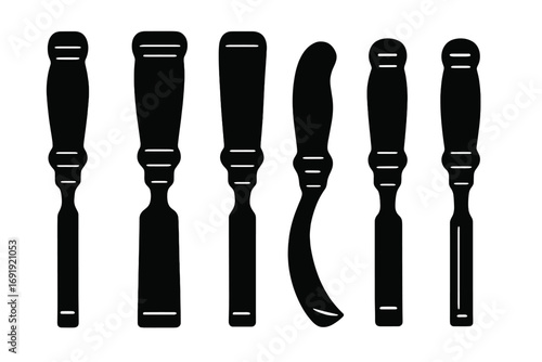 Silhouette hand saw vector icons set, black woodworking tools, carpenter instruments collection, flat design on white background, tool illustration for crafts and construction