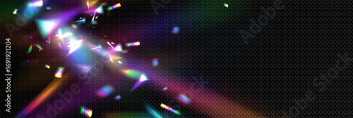 Rainbow light effect with flare lens prism burst for optical design - colorful rays, holographic sparkles with iridescent reflection on dark bg. Abstract chromatic dispersion for visual effects.
