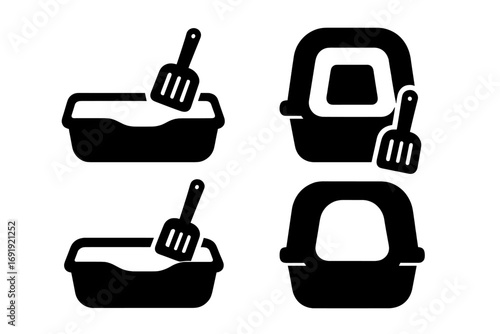 Silhouette icons of cat litter boxes with scoops and covers, vector set illustration, pet hygiene, feline sanitation, kitty tray, clean cat care essentials, transparent background