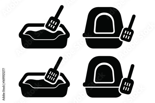 Black silhouette icons of cat litter boxes with scoops and covered shelters, vector cartoon set with transparent background, pet hygiene, feline care accessories, kitty litter container collection