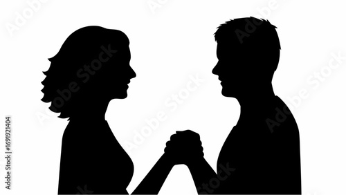 Silhouette of a woman and a man facing each other holding hands in a gesture of connection and support