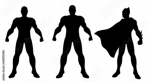 Three superhero silhouettes standing side by side in black on a white background with capes and costumes