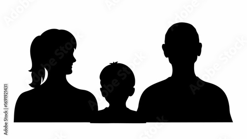 Silhouette of a family with mother father and child standing together in a simple black and white image