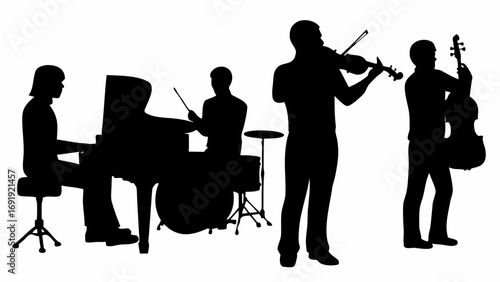 Silhouette illustration of a musical ensemble performing with piano drums violin and bass in black and white
