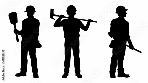 Silhouettes of three construction workers wearing helmets and holding various tools in a black and white image