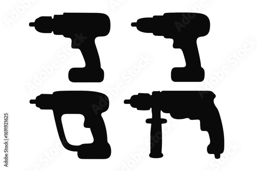 Silhouette set of black power drill icons, vector cartoon illustration with transparent background, ordered collection of handheld cordless and electric drills, DIY tools