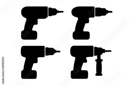 Silhouette set of black power drill icons, vector cartoon illustration, cordless electric drill tool collection, home improvement, construction and DIY equipment graphics