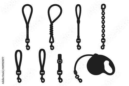 Silhouette set of six black dog leashes with various designs, safety pet accessories, vector cartoon illustration, transparent background, adjustable and stylish leash collection