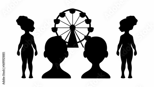 Silhouette of two girls standing beside a ferris wheel and two heads facing away from the viewer