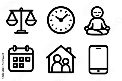 Simple black icons set of balance scales, clock, meditation pose, calendar, family home, and smartphone vector cartoon illustration with transparent background for design projects