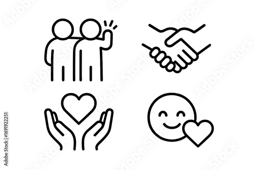 Simple line art icons of friendship and kindness in black and white, vector cartoon illustration set with handshaking, heart care, happy smile, and companionship symbols, transparent background
