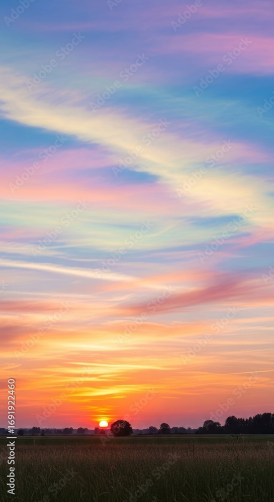 Fototapeta premium Vibrant Sunset Over Rural Landscape with Colorful Sky and Silhouetted Horizon.