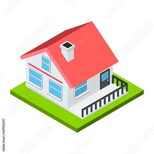 Isometric 3D illustration of a suburban family house with red roof