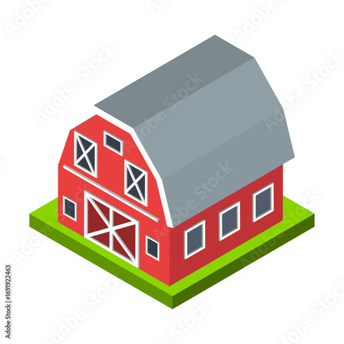 Isometric Red Barn Illustration Farm Structure in Simplified Design