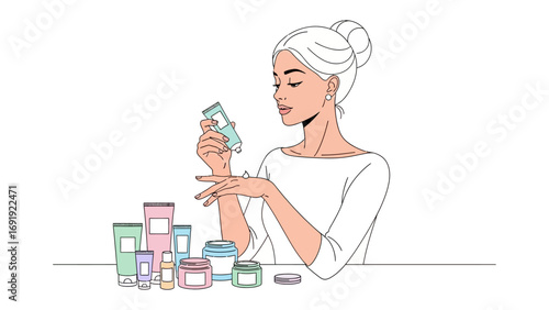 Elegant woman with towel on head carefully examining skincare products and cosmetics arranged on a table for beauty routine