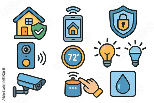 Smart home technology icons for automated living, security, surveillance cameras, smart thermostat, voice control device, light bulbs, wireless smart home system, vector cartoon set