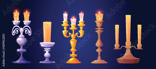 Cartoon vintage candlestick set with glowing flames and ornate designs - golden, silver and bronze holders with melting wax for decoration. Medieval or gothic style candelabra asset for game interface