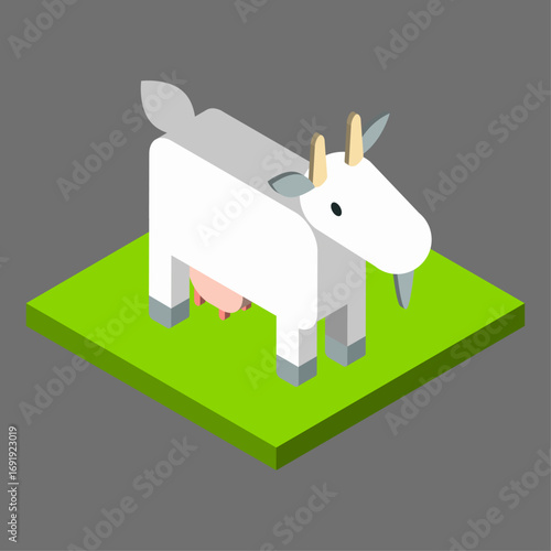 Cute Isometric White Goat Standing on Green Grass Field