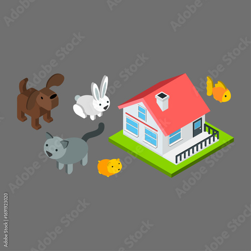 Adorable Pets & Cozy Home Isometric Illustration set