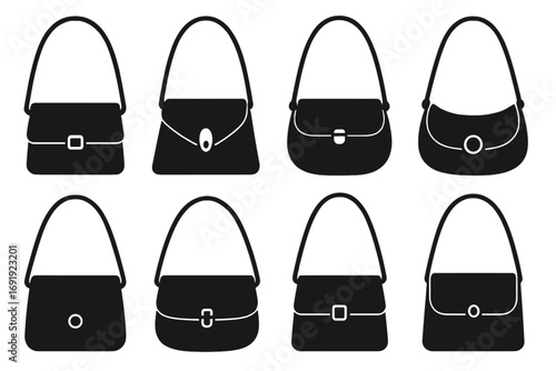 Variety of silhouette shoulder bags with clasps and straps in minimalist black design. Vector set of stylish handbag icons, elegant purse collection, fashion accessories, simple shapes